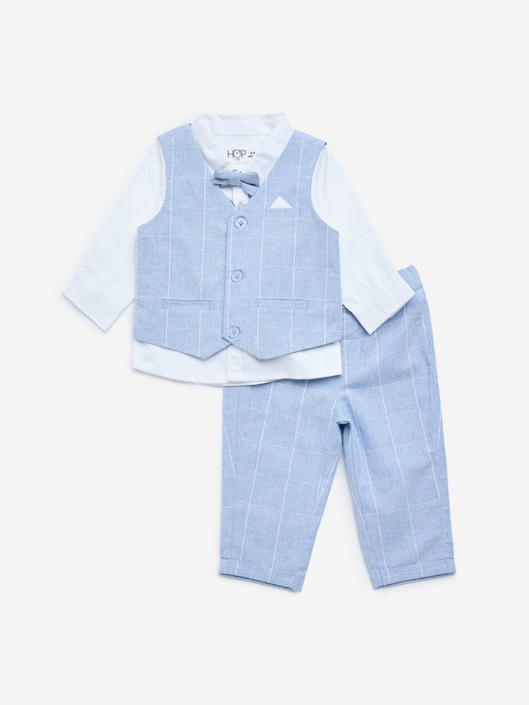 HOP Baby Light Blue Cotton Waistcoat. Shirt. Pants & Bow Set