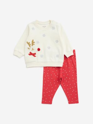 HOP Baby Off-White Applique Detail Cotton Top and Pants Set