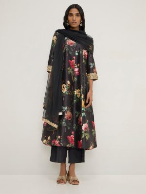 Vark Black Printed A-Line Kurta. Palazzos and Dupatta Set