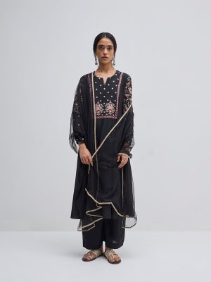 Vark Black Embroidered A-Line Kurta. Pants and Dupatta Set
