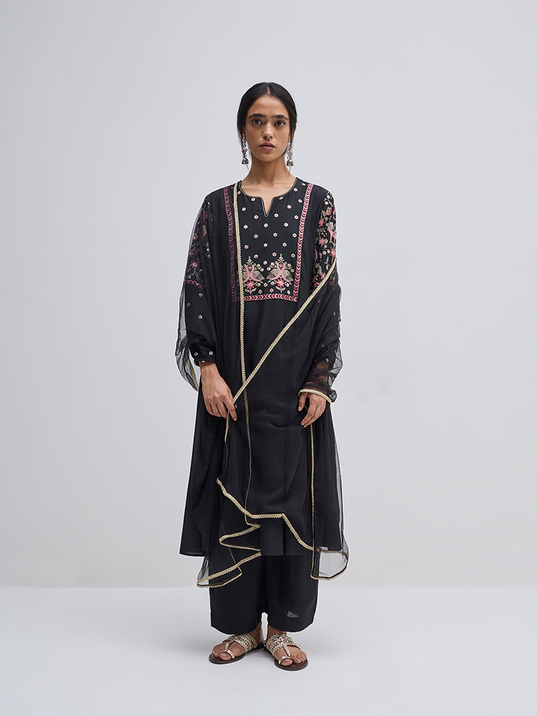 Vark Black Embroidered A-Line Kurta. Pants and Dupatta Set