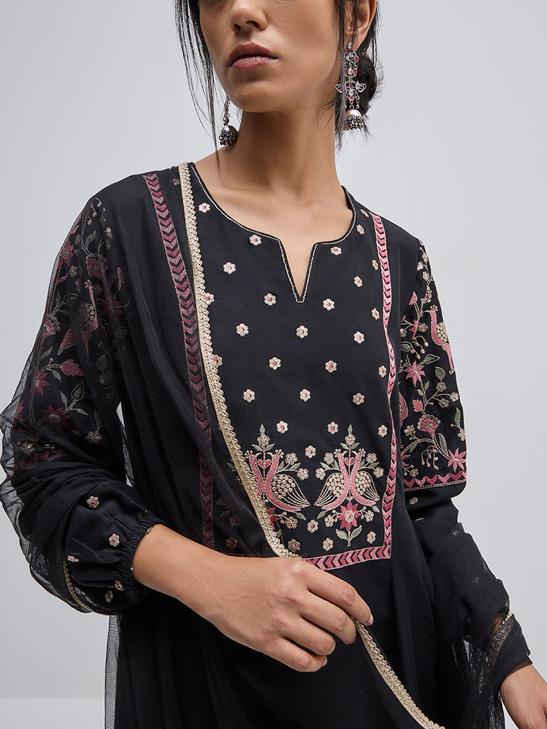 Vark Black Embroidered A-Line Kurta. Pants and Dupatta Set - Image 2