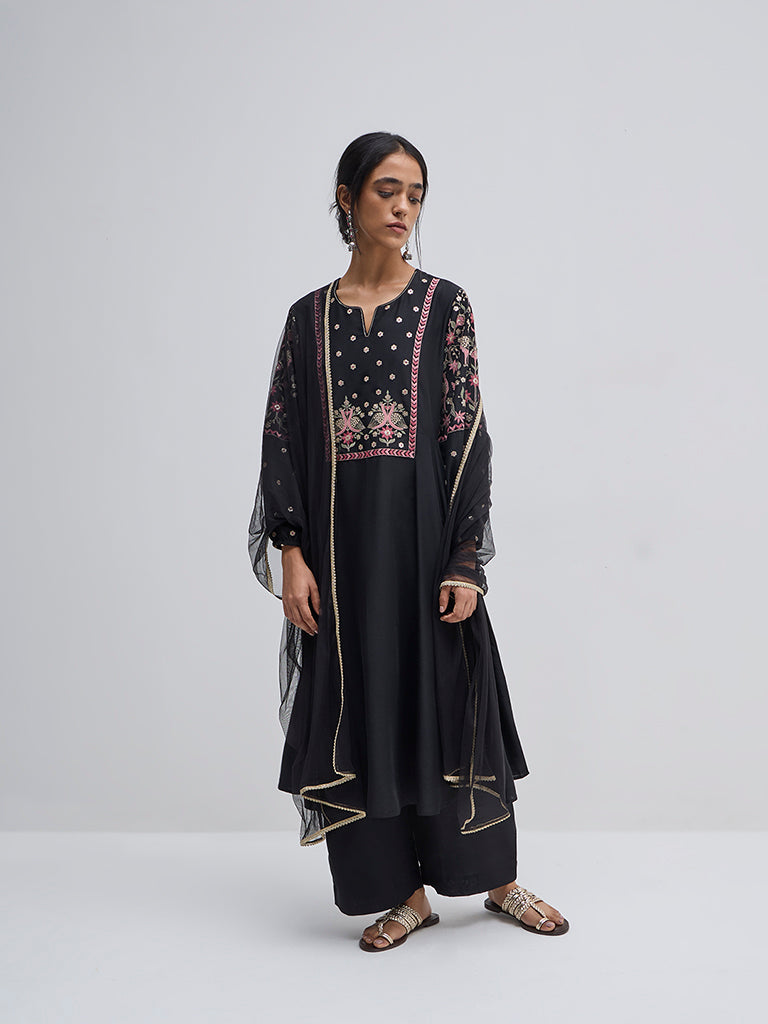 Vark Black Embroidered A-Line Kurta. Pants and Dupatta Set - Image 3