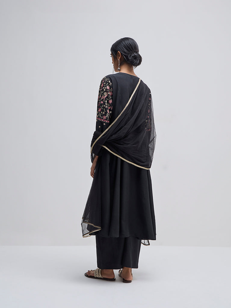 Vark Black Embroidered A-Line Kurta. Pants and Dupatta Set - Image 4