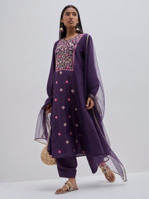 Vark Purple Embroidered Kurta. Pants and Dupatta Set