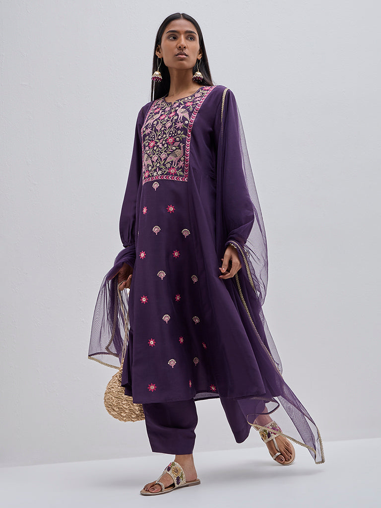 Vark Purple Embroidered Kurta. Pants and Dupatta Set