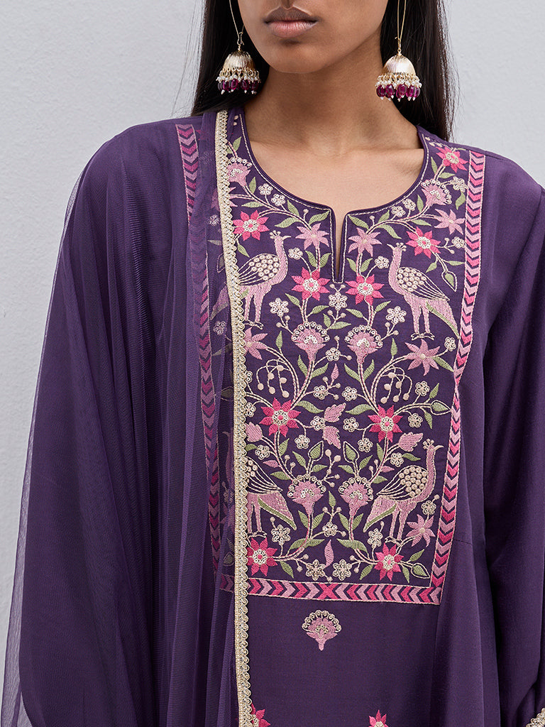 Vark Purple Embroidered Kurta. Pants and Dupatta Set - Image 2