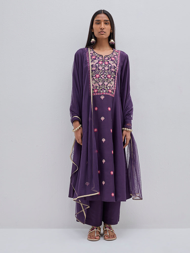 Vark Purple Embroidered Kurta. Pants and Dupatta Set - Image 3