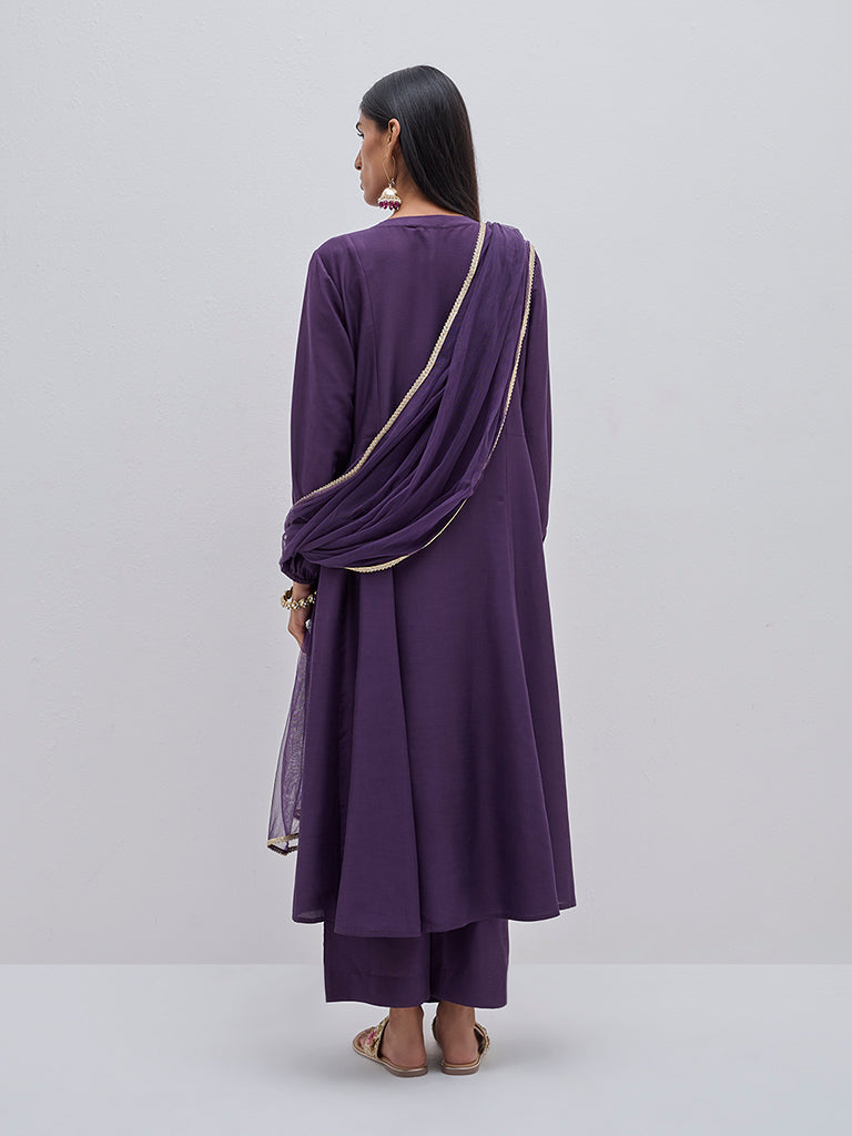 Vark Purple Embroidered Kurta. Pants and Dupatta Set - Image 4