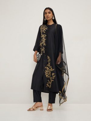 Vark Black Floral A-Line Kurta. Pants & Dupatta