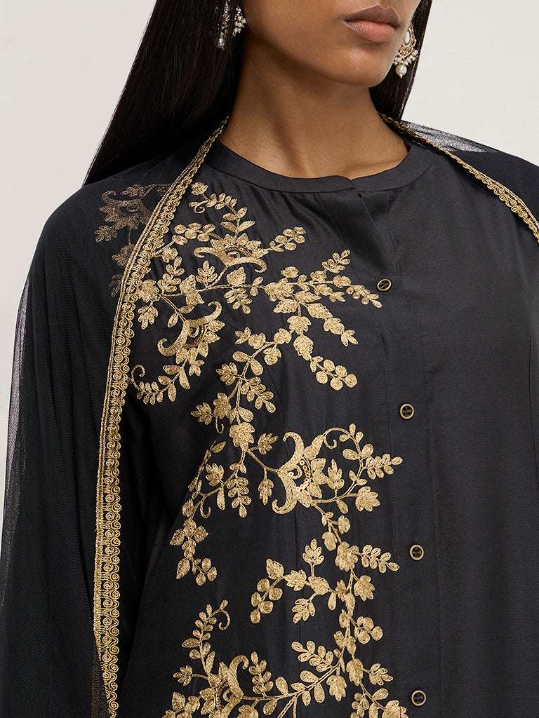 Vark Black Floral A-Line Kurta. Pants & Dupatta - Image 2