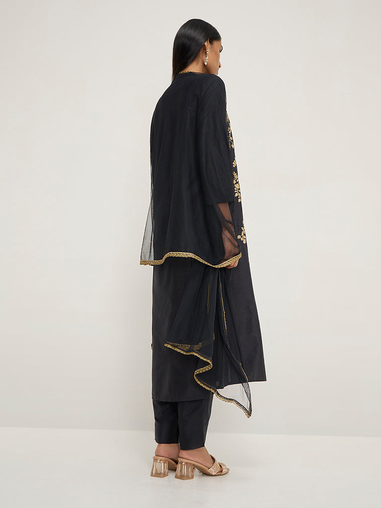 Vark Black Floral A-Line Kurta. Pants & Dupatta - Image 4