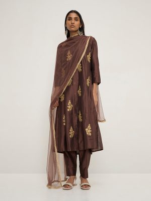Vark Brown Embroidered A-Line Kurta. Pants and Dupatta