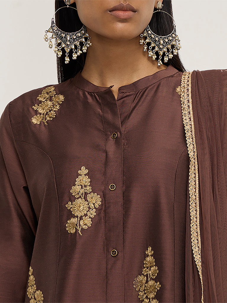 Vark Brown Embroidered A-Line Kurta. Pants and Dupatta - Image 2
