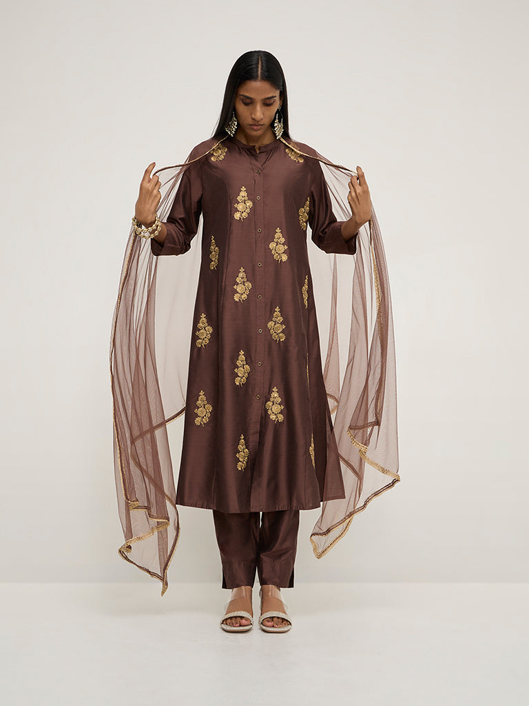Vark Brown Embroidered A-Line Kurta. Pants and Dupatta - Image 3