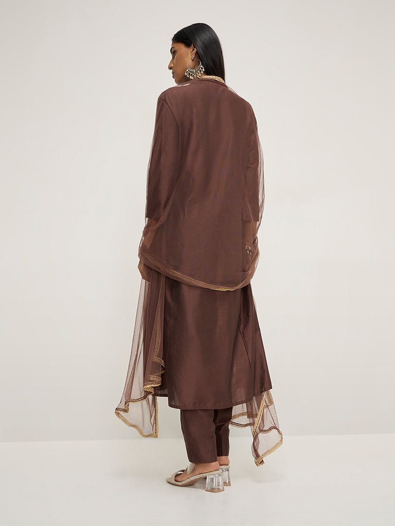Vark Brown Embroidered A-Line Kurta. Pants and Dupatta - Image 4