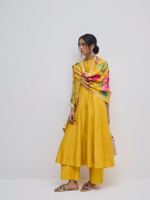 Vark Yellow Solid A-Line Kurta. Pants and Dupatta Set