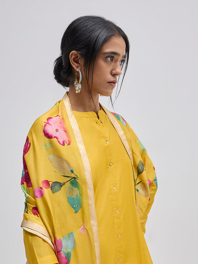Vark Yellow Solid A-Line Kurta. Pants and Dupatta Set - Image 3