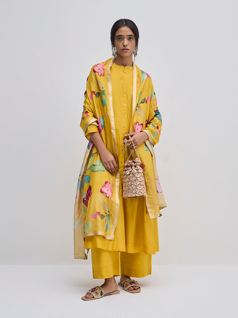 Vark Yellow Solid A-Line Kurta. Pants and Dupatta Set - Image 4
