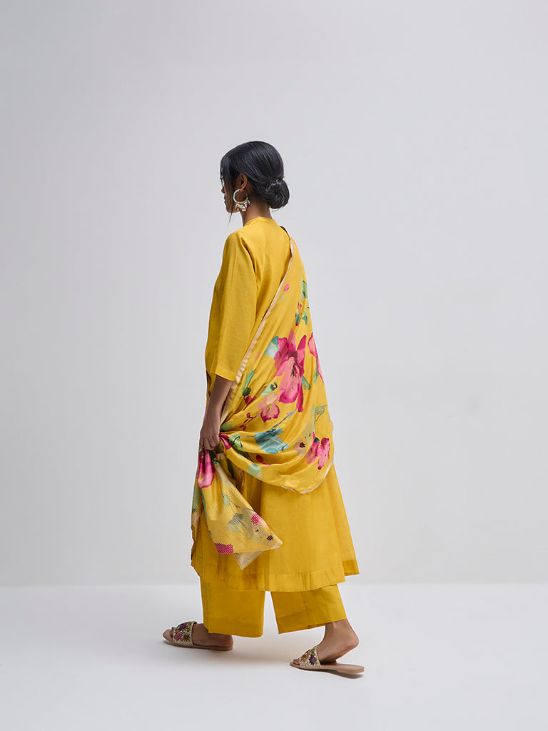 Vark Yellow Solid A-Line Kurta. Pants and Dupatta Set - Image 5