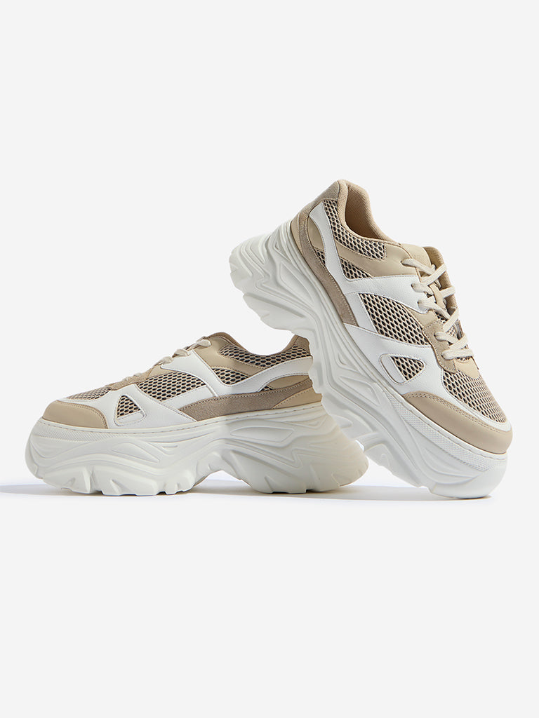 LUNA BLU Beige Mesh-Detailed Chunky Sneakers - Image 3