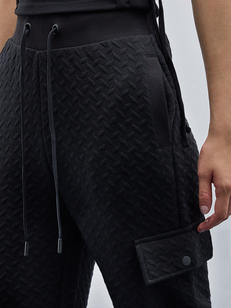 Studiofit Black Textured High-Rise Track Pants - Image 2