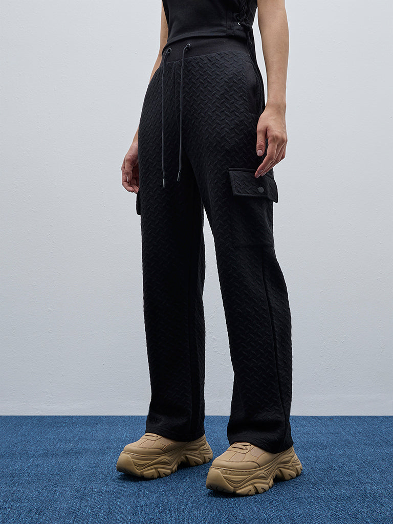 Studiofit Black Textured High-Rise Track Pants - Image 3