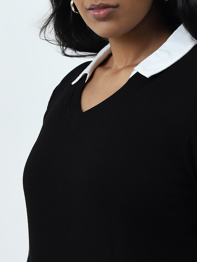 Gia Black Ribbed Collared T-Shirt - Image 2