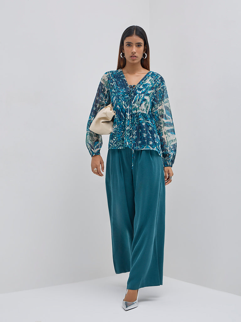 LOV Teal Wide-Leg High-Rise Trousers