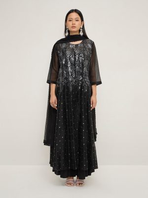 Vark Black Floral Cotton-Blend A-Line Kurta. Inner. Pants and Dupatta