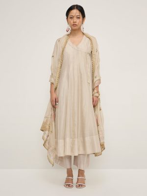Vark Beige Cotton-Blend Angrakha Kurta. Inner. Palazzos and Dupatta Set