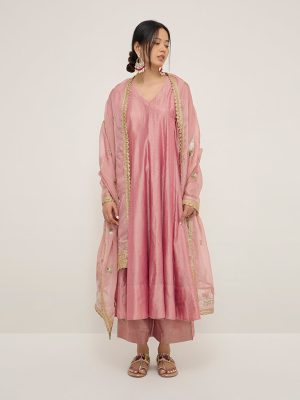 Vark Pink Angrakha Cotton-Blend Kurta. Inner. Palazzos and Dupatta Set