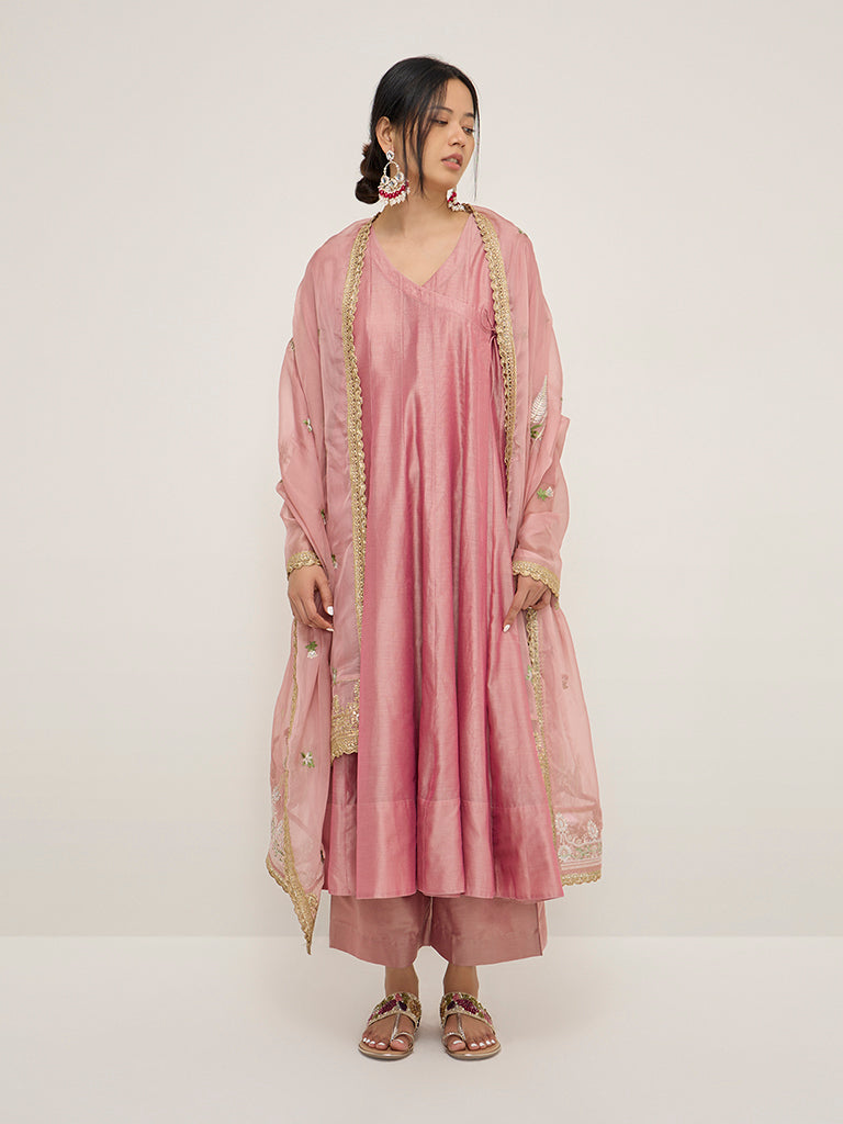 Vark Pink Angrakha Cotton-Blend Kurta. Inner. Palazzos and Dupatta Set