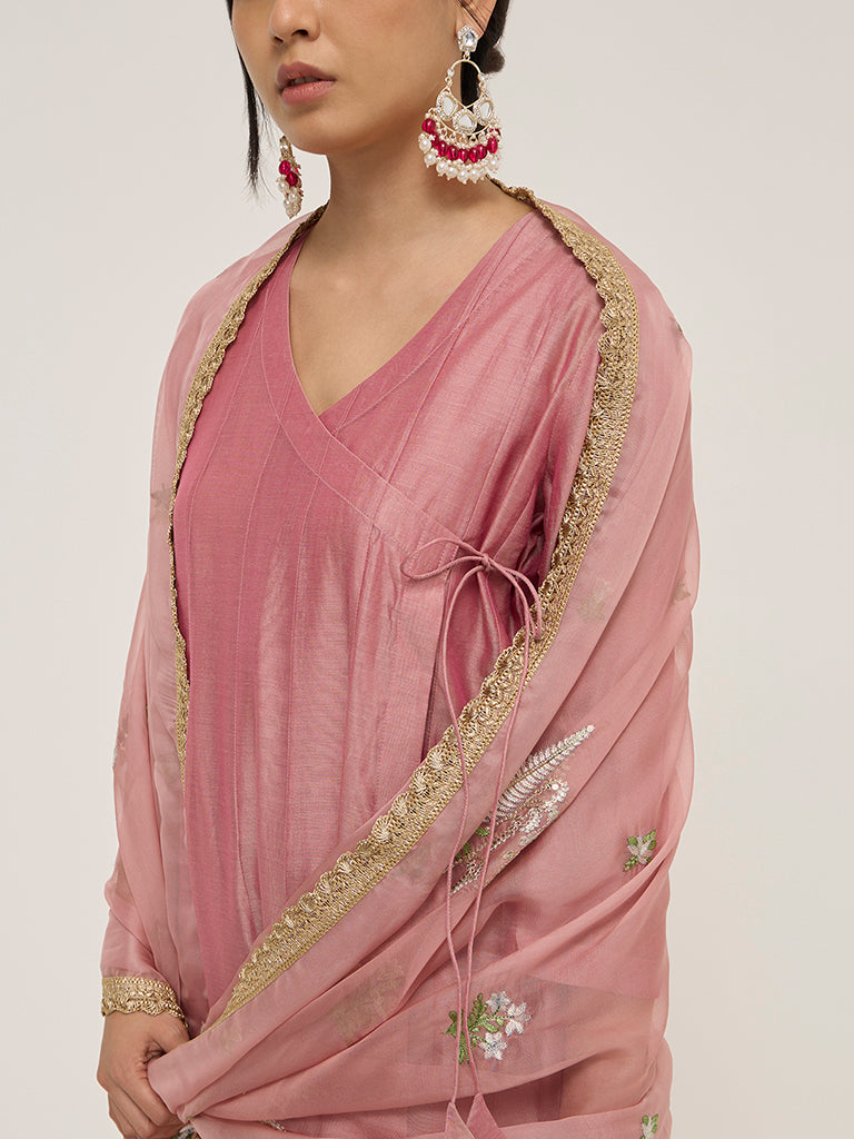 Vark Pink Angrakha Cotton-Blend Kurta. Inner. Palazzos and Dupatta Set - Image 2