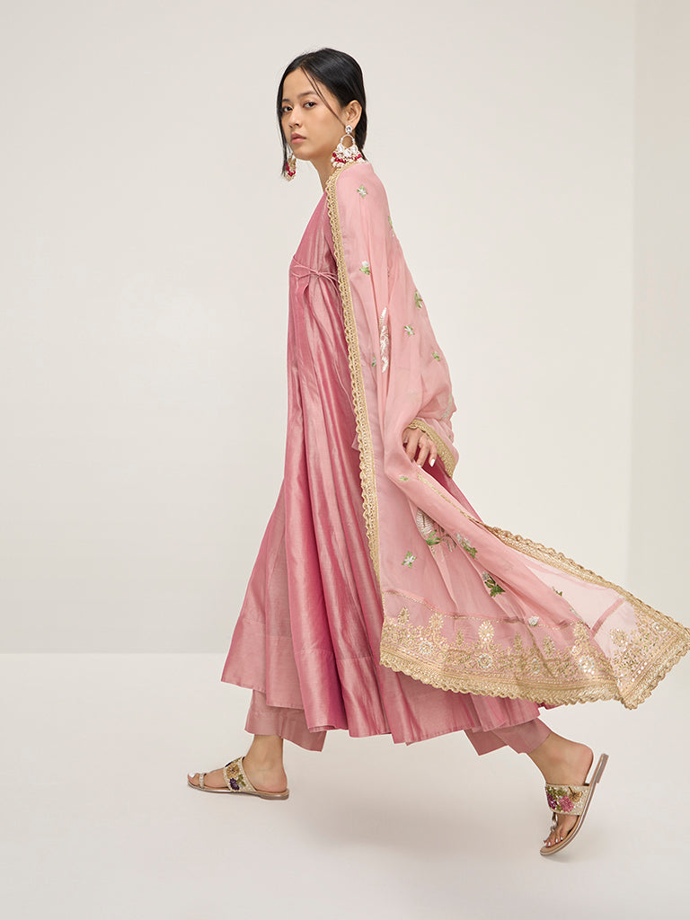 Vark Pink Angrakha Cotton-Blend Kurta. Inner. Palazzos and Dupatta Set - Image 3