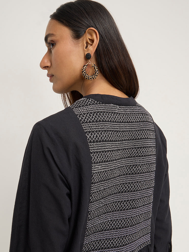Utsa Black Embroidered A-Line Cotton Kurta - Image 3