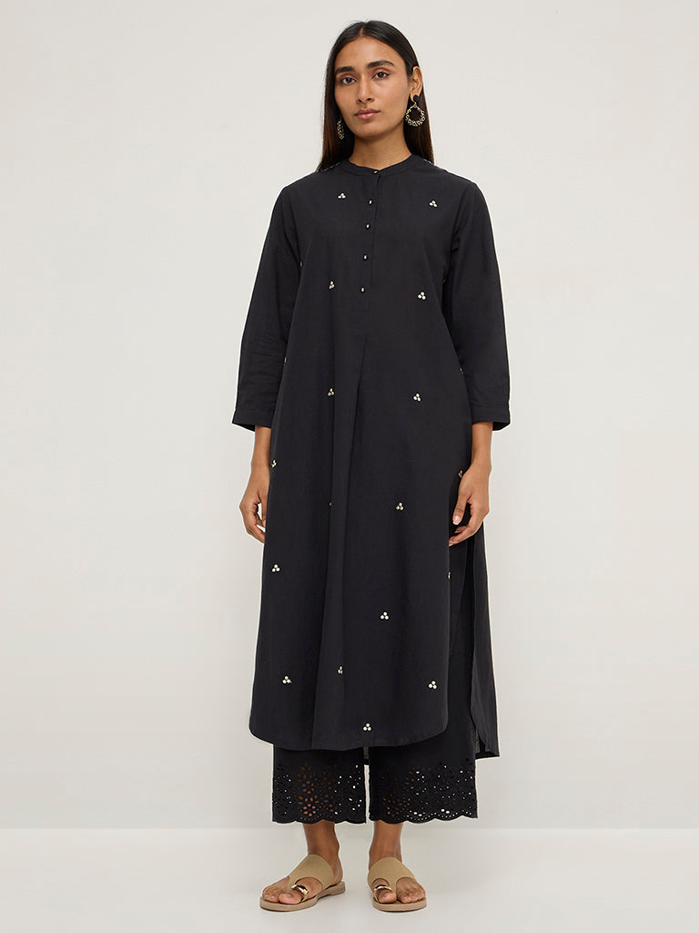 Utsa Black Embroidered A-Line Cotton Kurta - Image 4