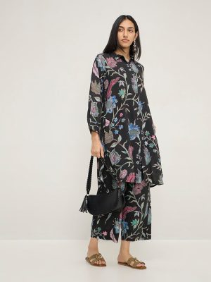 Utsa Black Botanical Printed Straight Kurta