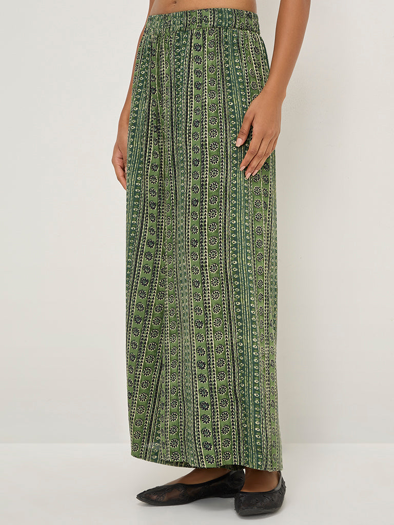 Utsa Green Stripe Printed High-Rise Palazzos