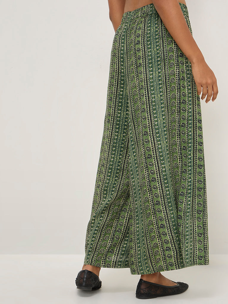 Utsa Green Stripe Printed High-Rise Palazzos - Image 3