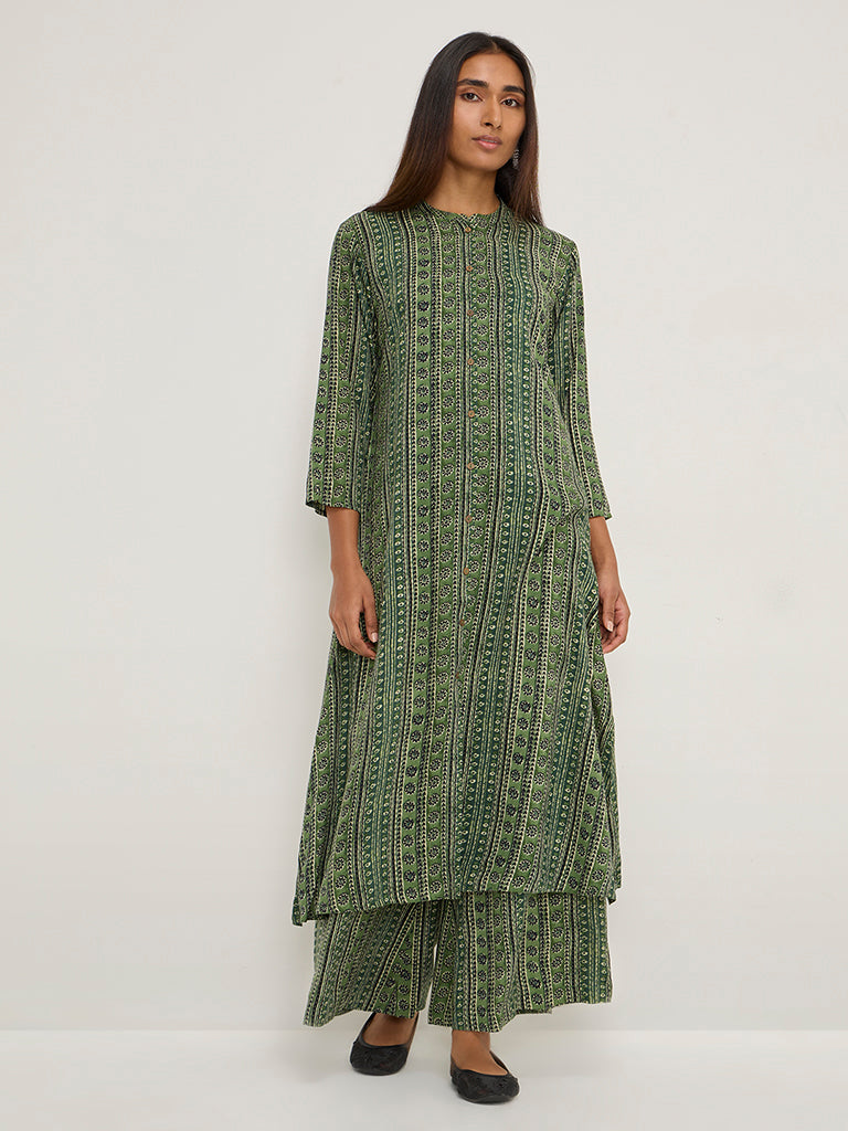 Utsa Green Stripe Printed High-Rise Palazzos - Image 4