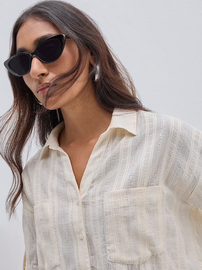 LOV Light Beige Self Cotton Shirt - Image 2