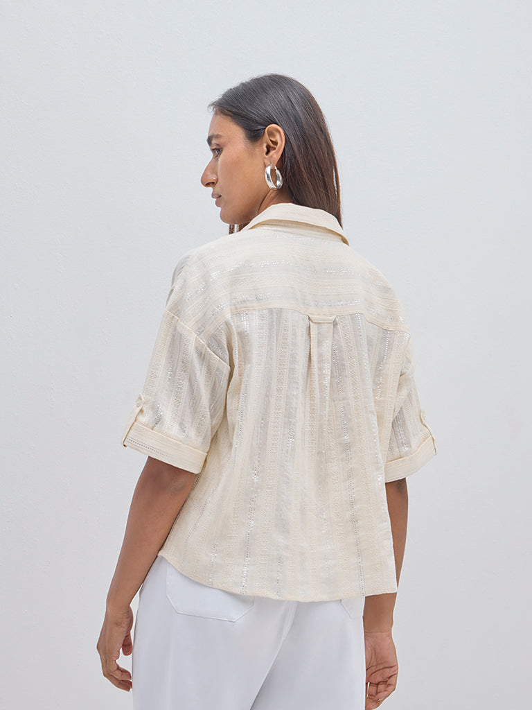 LOV Light Beige Self Cotton Shirt - Image 4