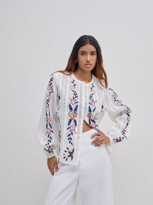 LOV White Floral Embroidered Cotton Blouse