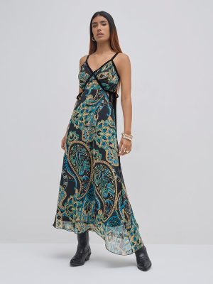 LOV Black Paisley Printed A-Line Dress