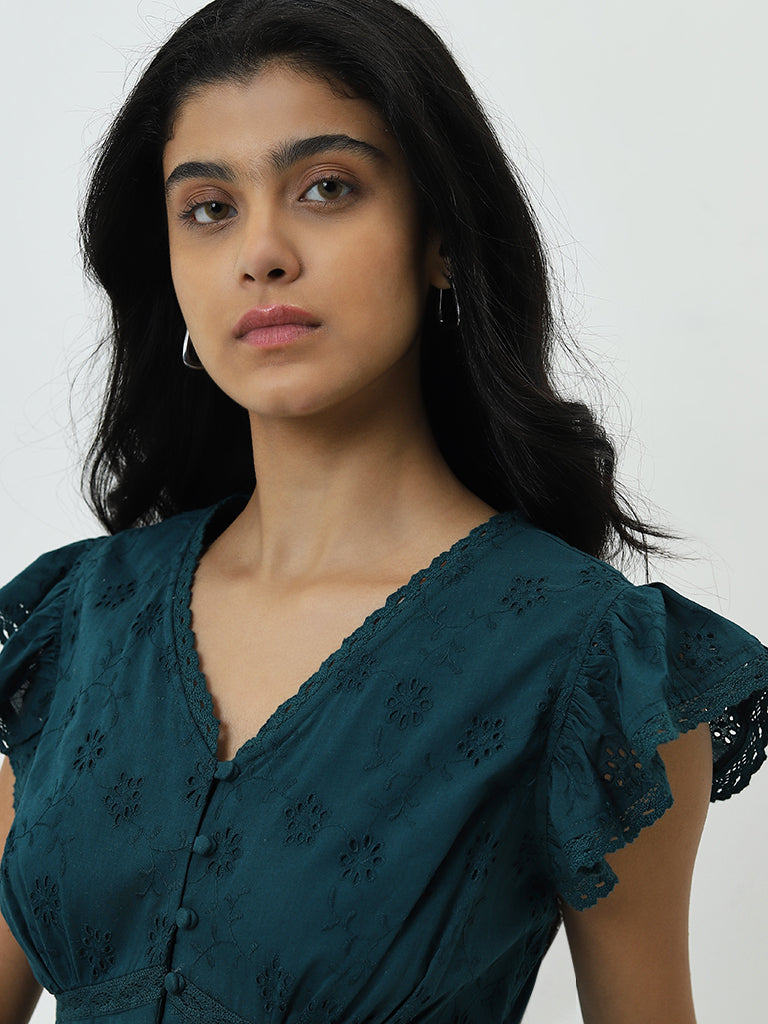 LOV Dark Teal Schiffli Cotton A-Line Dress - Image 2