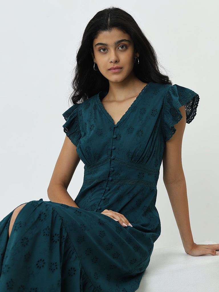 LOV Dark Teal Schiffli Cotton A-Line Dress - Image 3