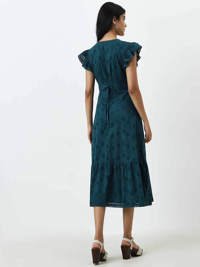 LOV Dark Teal Schiffli Cotton A-Line Dress - Image 4