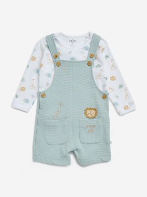 HOP Baby Teal Animal Printed Cotton T-Shirt and Dungaree Set