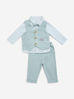 HOP Baby Light Teal Cotton Shirt. Waistcoat and Pants Set